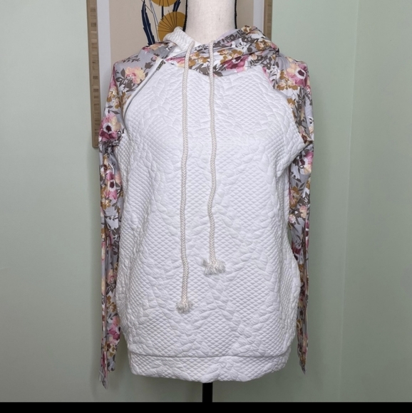 Double Hooded floral Hoodie with Floral Sleeves and Pockets - Picture 3 of 6